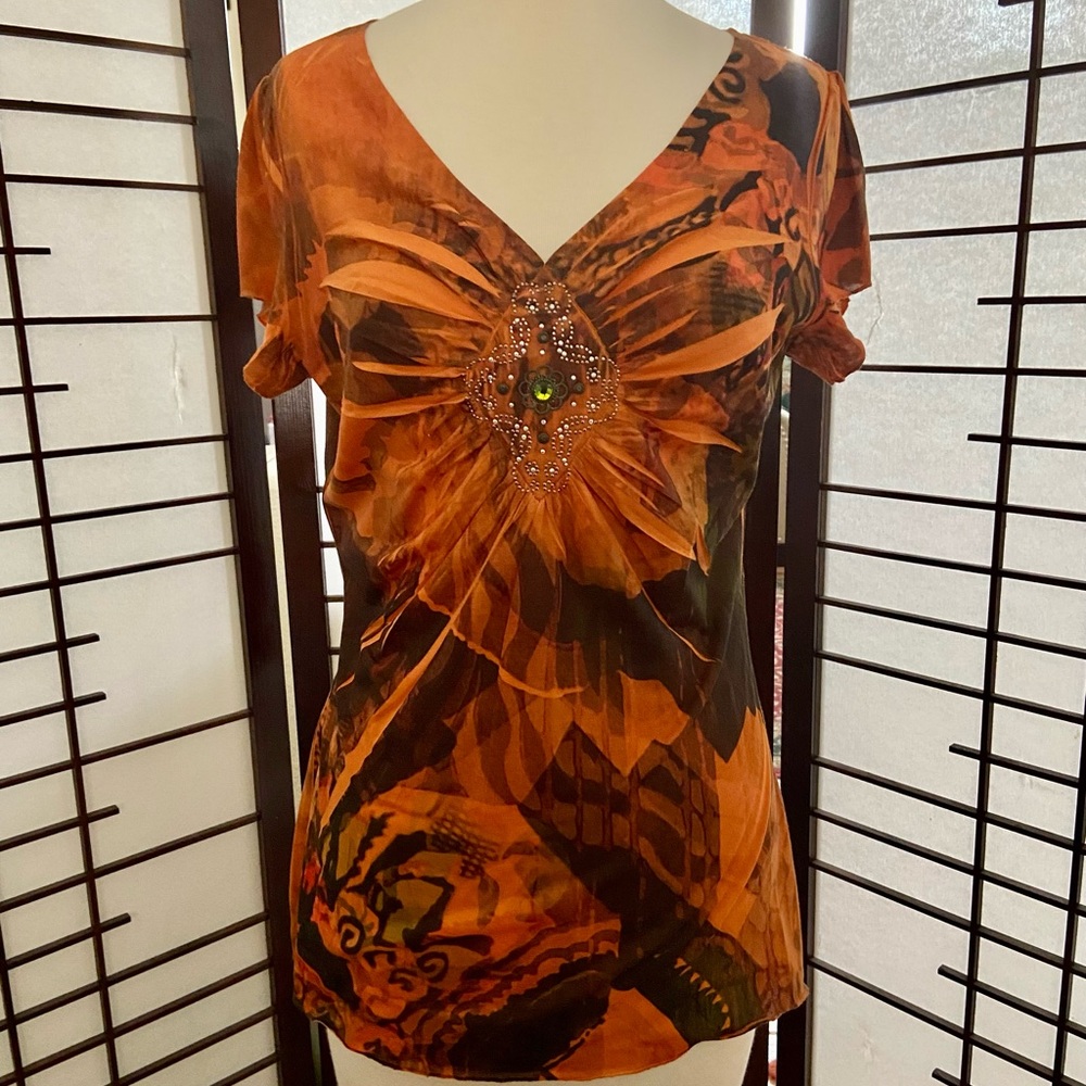 BLEU Embellished Orange Black Blouse size Medium